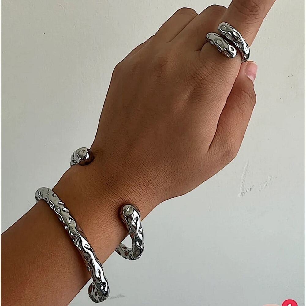 Stainless Steel Irregular Contour Bracelet Bangle Cuff Hammered - Picture 3 of 8